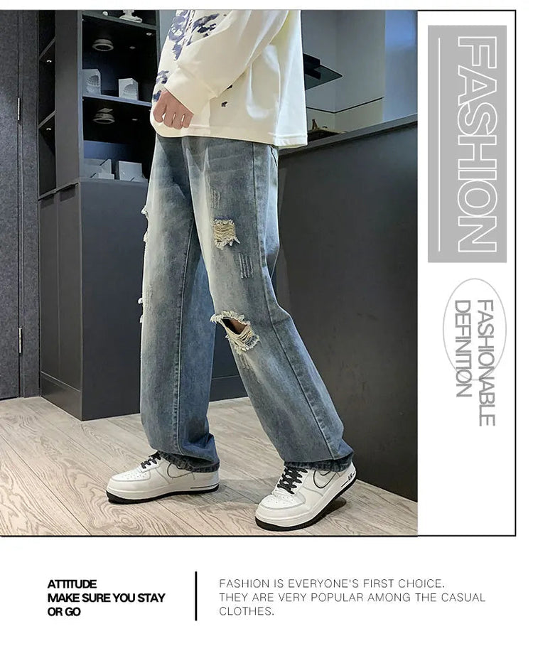 New vintage casual loose fit men's jeans with high street style straight leg denim pants for teenagers, torn knees and damaged PlatiNum