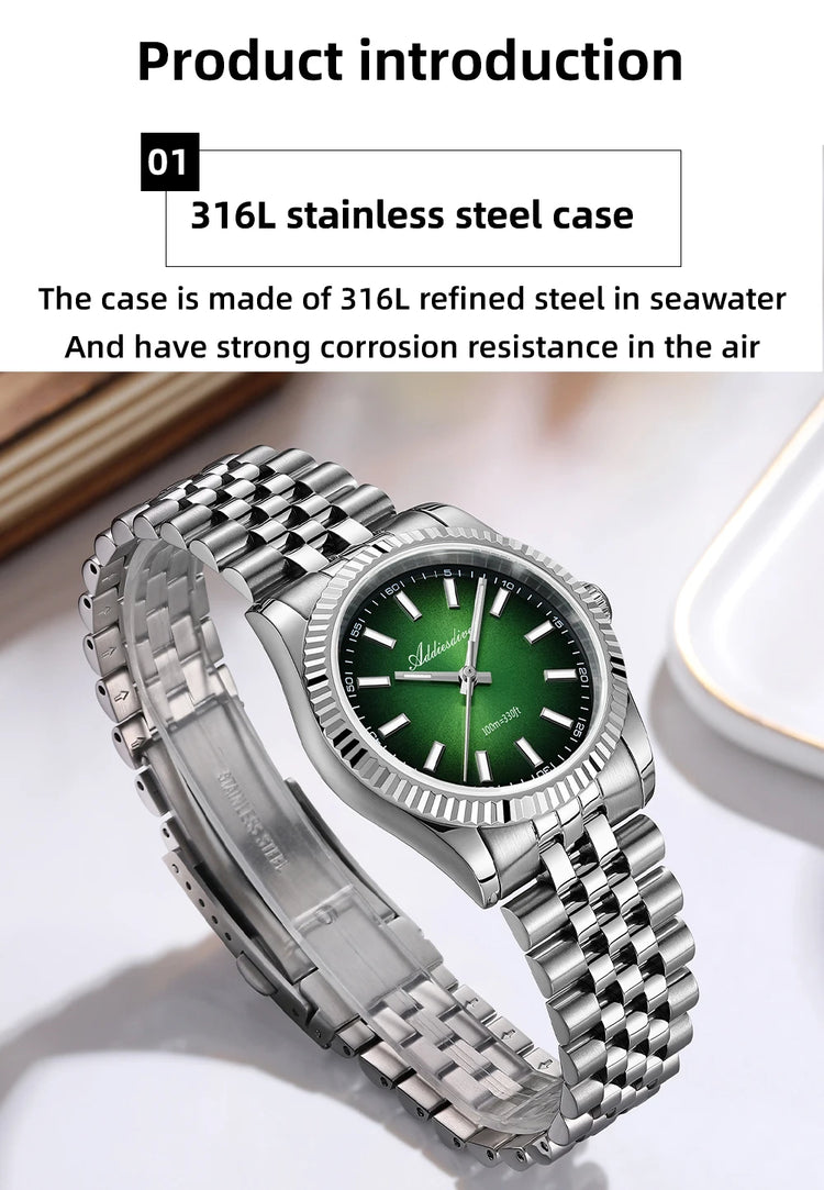 ADDIESDIVE Men Watch 36mm New Quartz Wristwatch AD2073 Sapphire Sunburst Dive 100m Waterproof BGW9 Luminous Dress Watch for Men