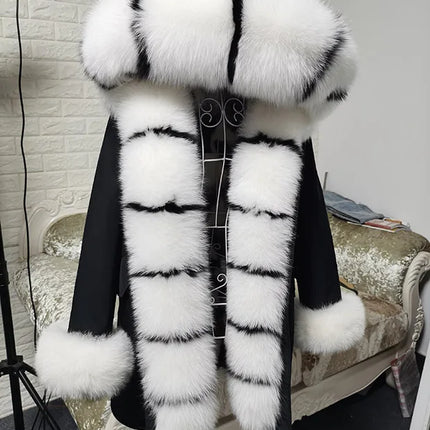 Winter Long Jacket Real Fur Coat Women Clothes Large Silver Fox Fur Collar Detachable Natural Fox Lining Parkas Leather Fur