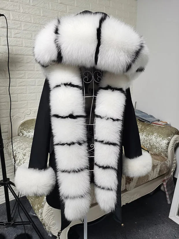 Winter Long Jacket Real Fur Coat Women Clothes Large Silver Fox Fur Collar Detachable Natural Fox Lining Parkas Leather Fur