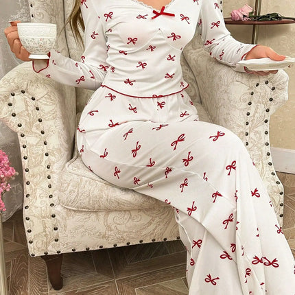 Primavera e autunno nuovi indumenti da notte da donna con fiocco a farfalla a maniche lunghe set stampato elastico da donna casual comodi vestiti per la casa