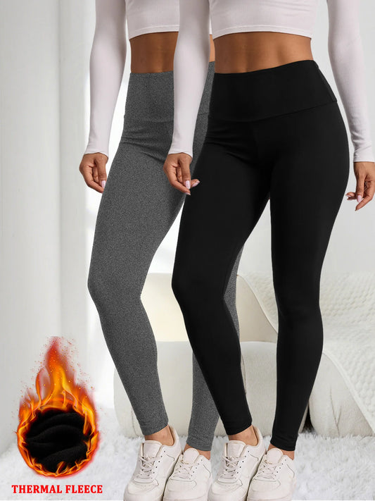 2 Pack High waisted thermal leggings with plush fleece lining. Designed for women's winter workouts flows and in cold climates