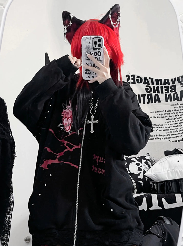 Original Print Subculture Dark Loose Cat Ear Distressed Hooded Sweatshirt Jacket Zip Up Hoodie Oversized Hoodie