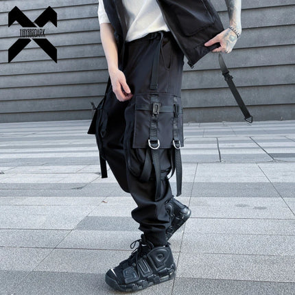 Hip Hop Tactical Cargo Pants Men Multi Pocket Ribbon Design Joggers Trousers 2023 Spring Functional Elastic Waist Pant Black