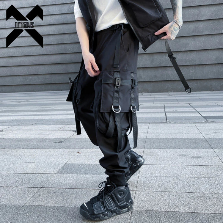 Hip Hop Tactical Cargo Pants Men Multi Pocket Ribbon Design Joggers Trousers 2023 Spring Functional Elastic Waist Pant Black