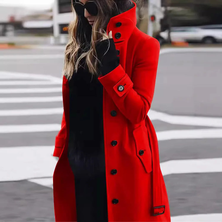 New Solid Color Button Long Wool Coat Autumn Warm Stand Collar Women Coat Fashion Ladies High Neck Pocket Belt Trench Coat