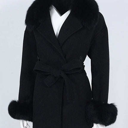 OFTBUY Real Fur Coat Winter Jacket Women Natural Fox Fur Collar Cuffs Belt Cashmere Wool Woolen Ladies Outerwear Streetwear