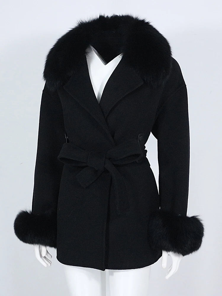 OFTBUY Real Fur Coat Winter Jacket Women Natural Fox Fur Collar Cuffs Belt Cashmere Wool Woolen Ladies Outerwear Streetwear