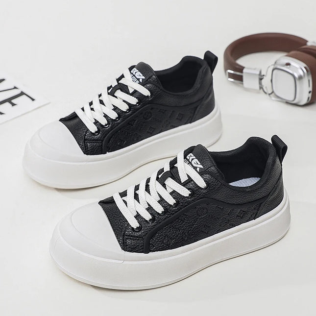 Men's Thick Sole Platform Sneakers, Retro Embossed Leather Casual Shoes, Height Increasing Lace-up Skate Shoes Fashion