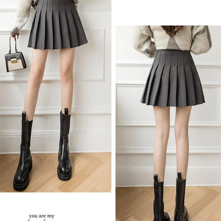 Autumn Winter Woolen Mini Pleated Skirts Women Fashion High Waist Loose A-Line Short Skirt Kawaii School Skater Falda Plisada PlatiNum