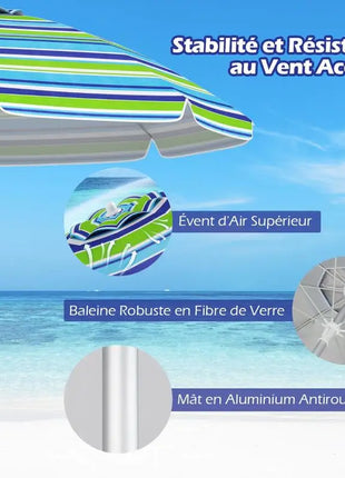 Ombrellone da Spiaggia Portatile 198cm con Protezione UV, Rivestimento Argentato, Perno Inclinabile, Ancoraggio per Sabbia, Palo in Alluminio, Pieghevole, Parasole da Giardino per Esterni