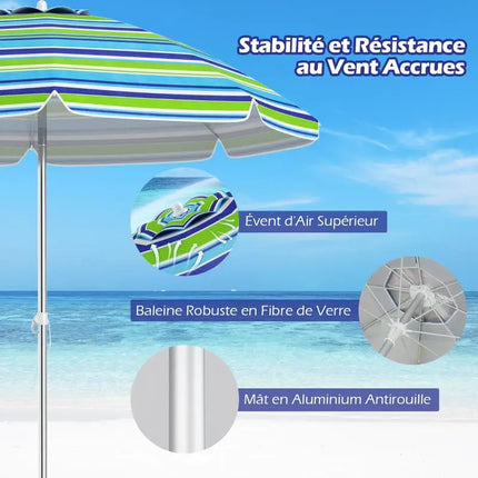Ombrellone da Spiaggia Portatile 198cm con Protezione UV, Rivestimento Argentato, Perno Inclinabile, Ancoraggio per Sabbia, Palo in Alluminio, Pieghevole, Parasole da Giardino per Esterni