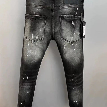 Light Luxury Washed Jeans Men's Trendy Brand Ruffian Handsome Black Ripped Patch Slim Fit Small Feet Casual Long Pants PlatiNum