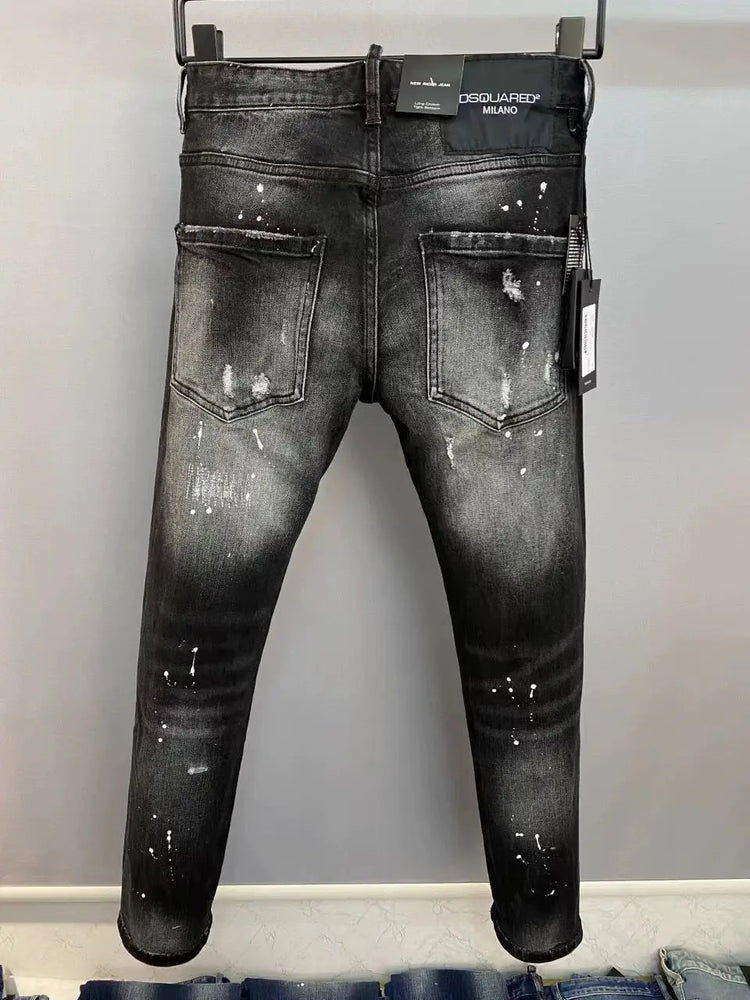 Light Luxury Washed Jeans Men's Trendy Brand Ruffian Handsome Black Ripped Patch Slim Fit Small Feet Casual Long Pants PlatiNum