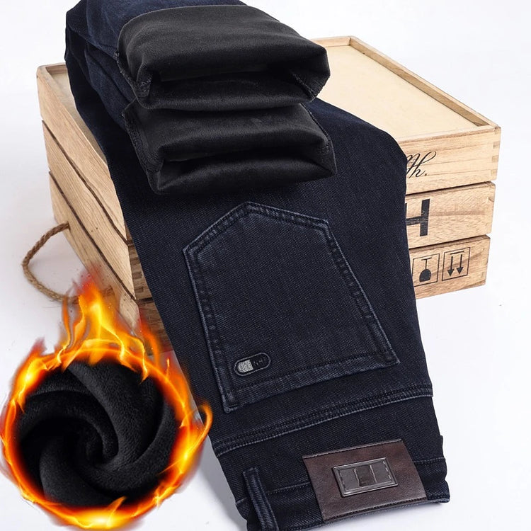 Winter Men's Fleece Warm Jeans Fashion Business Casual Thick Wool Denim Trousers Plush Lined Pants