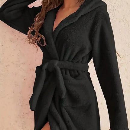1 pezzo di vestaglia da donna con cappuccio in tinta unita con cintura, pigiama in pile accogliente e caldo per la casa in autunno e inverno.
