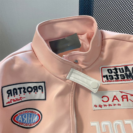 Gmiixder Motorcycle Leather Jacket Unisex High Street Hiphop Pink Bomber Jacket American Vibe Workwear Letter Baseball Uniform
