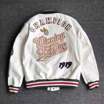 Men's Spring Autumn baseball uniform Retro Trend Men Leather Jacket heavy industry Embroidery white short Coat ins hot sale
