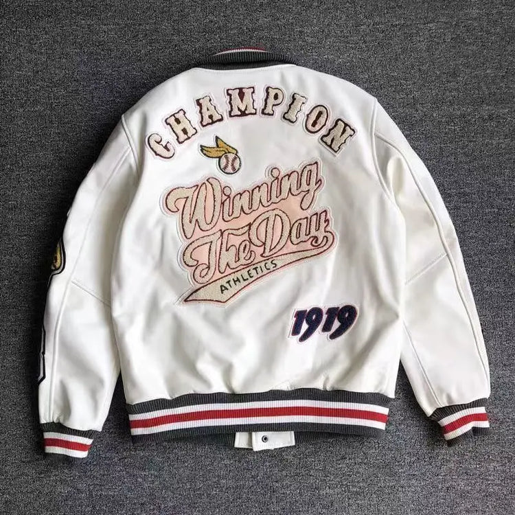 Men's Spring Autumn baseball uniform Retro Trend Men Leather Jacket heavy industry Embroidery white short Coat ins hot sale