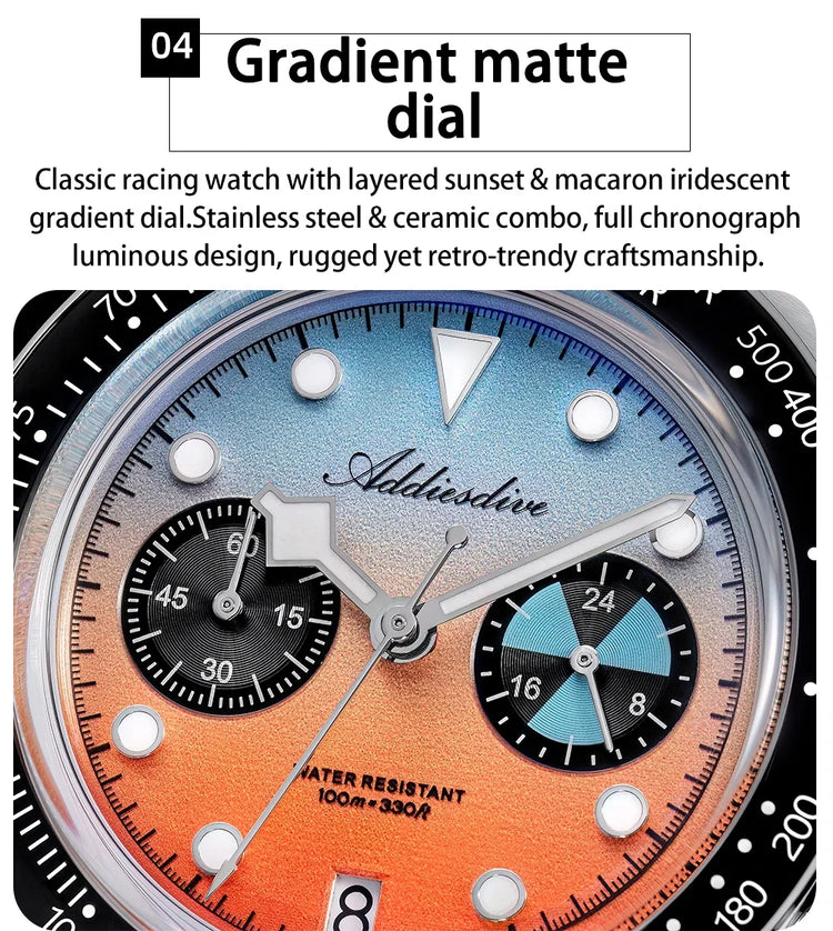 ADDIESDIVE AD2559 Men's Vintage Racing Watch Luxury Quartz Chronograph VK64 Ceramic Bezel K1 Mineral Crystal 100M Waterproof