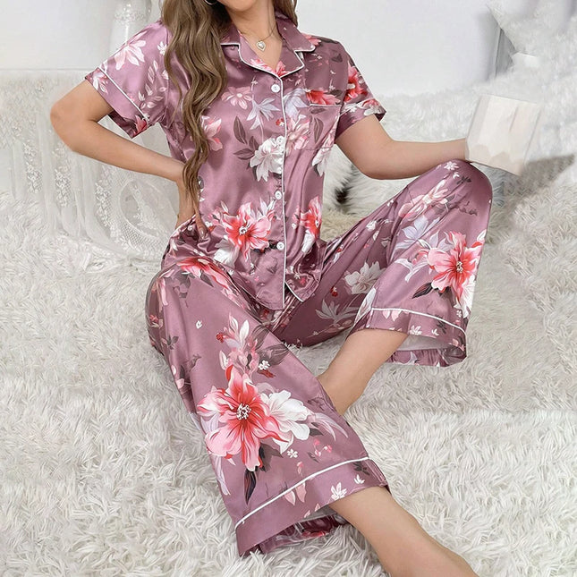 Pigiama in raso per donna pigiameria con stampa floreale autunno vestiti per la casa Soft Comfort top e pantaloni a maniche corte pigiama pigiama Femme