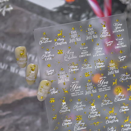 English Word Christmas Tree Calligraphy Font Reindeer Bell Gift Bowknot Starburst Adhesive Nail Charm Art Sticker Manicure Decal