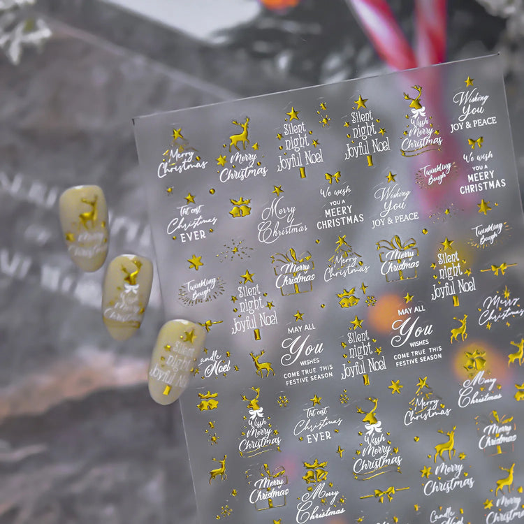 English Word Christmas Tree Calligraphy Font Reindeer Bell Gift Bowknot Starburst Adhesive Nail Charm Art Sticker Manicure Decal