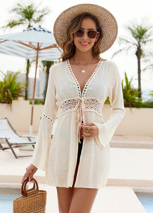 Copricostume da spiaggia Manica lunga con scollo a V Pareo Abbigliamento da spiaggia Protezione solare Abbigliamento da spiaggia lavorato a maglia Copricostume in pizzo Abito da spiaggia per le vacanze platinumshop