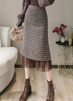 Woolen plaid skirt autumn and winter 2025 new plaid foreign style small man a word hip wrap medium and long skirt PlatiNum