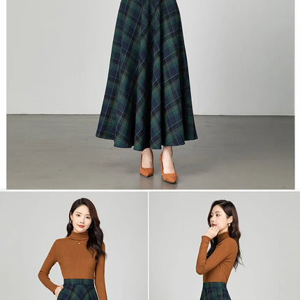 New Women Thick Woolen Skirt Autumn Winter Fashion Elastic High Waist A-Line Long Plaid Skirt Elegant Easy Match Wool Skirt PlatiNum