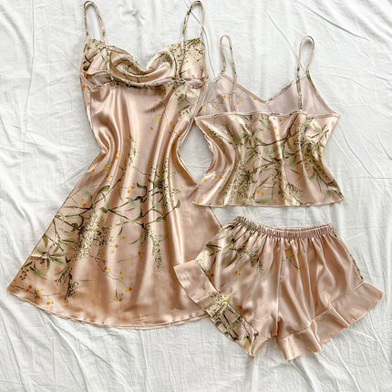 Pigiama da donna con stampa ciliegia Abito allacciato alla moda sexy Set pigiama da donna in 3 pezzi