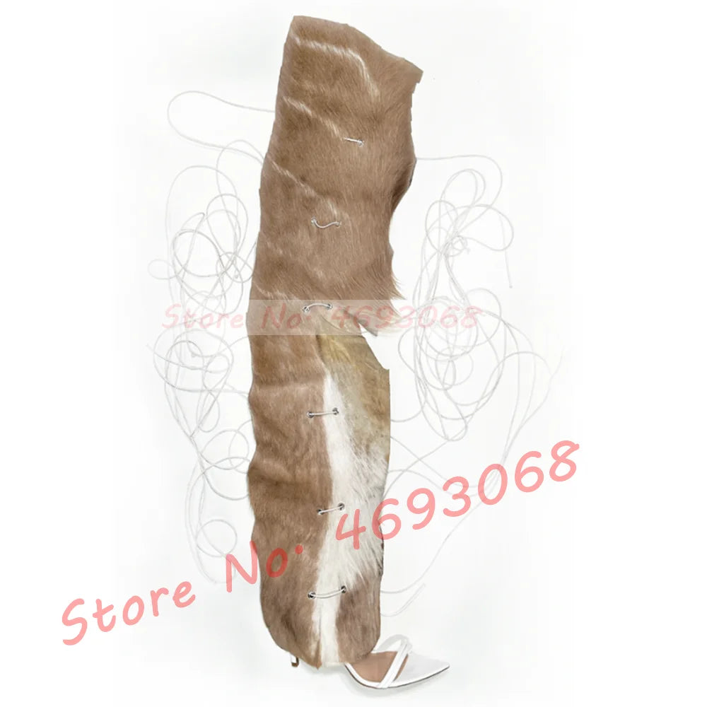 Fur Hide Lace Up Over Knee Sandals Women Wild Sexy Cross Tied High Heels Puttee Shoes Ladies Cutout Party Pointy Long Sandals