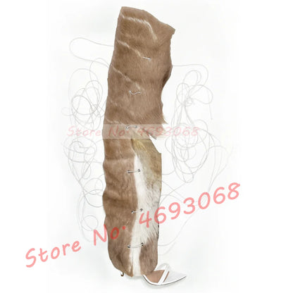 Fur Hide Lace Up Over Knee Sandals Women Wild Sexy Cross Tied High Heels Puttee Shoes Ladies Cutout Party Pointy Long Sandals