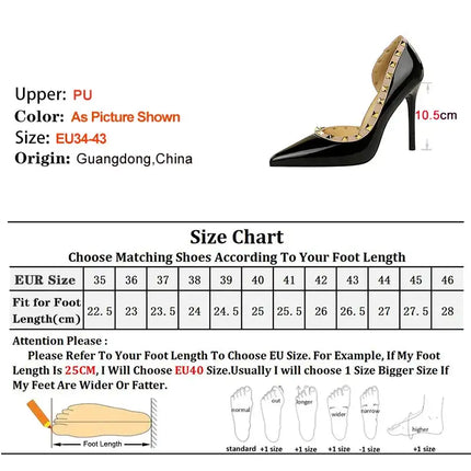 2025 Nuovo Sexy Nero Sottile Tacchi Alti 10.5 Centimetri Scarpe da Donna Testa A Punta Rivetto Pompe da Donna in Pelle Verniciata Stiletto Scarpe da Discoteca platinumshop