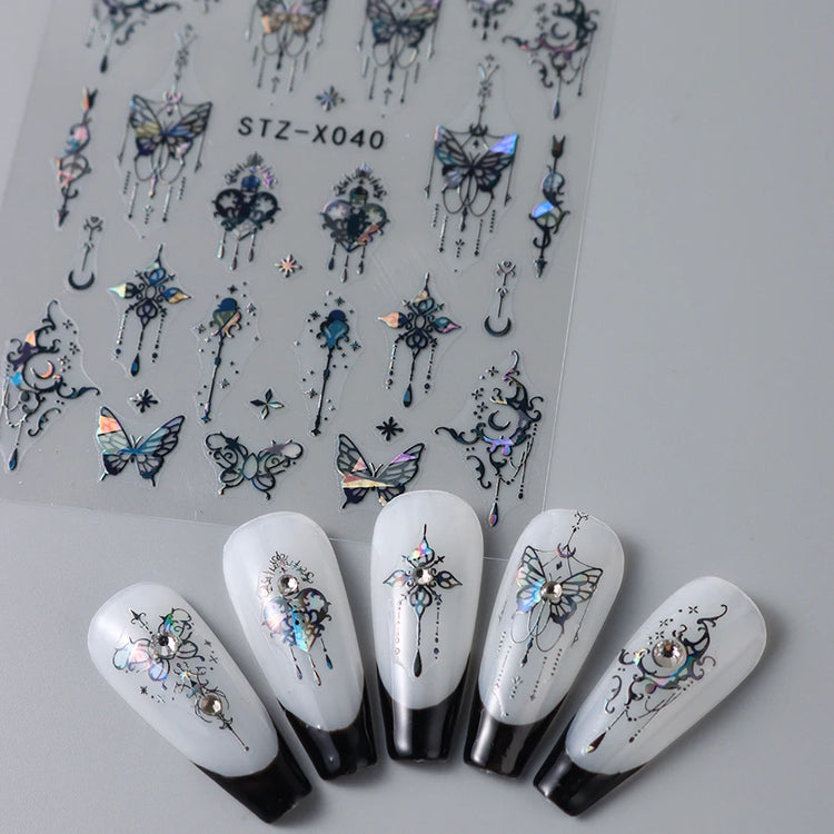 Black White Butterfly Laser Nail Stickers Y2K Nail Art Decoration Abstract Metal Lines Bronzing Lace Flowers Stickers For Nails