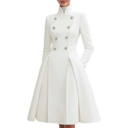Yeezzi Women's British Style Buttoned Stand Collar Overcoat Midi Dresses Long Sleeves High Waisted Pleated Evening A-line Dress