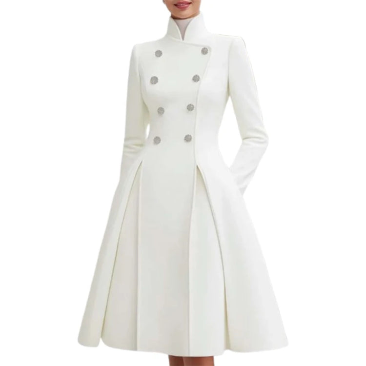 Yeezzi Women's British Style Buttoned Stand Collar Overcoat Midi Dresses Long Sleeves High Waisted Pleated Evening A-line Dress