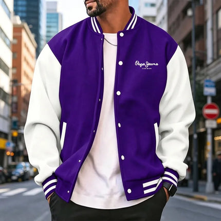 Men's color blocked sports baseball jacket, trendy letter printed loose fit baseball jacket, casual street sports jacket, spring