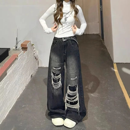 Jeans Neri Gotici Y2K Strappati da Donna, Pantaloni Larghi in Denim Estetici, Jeans Oversize Stile Harajuku, Abbigliamento Vintage Anni 2000