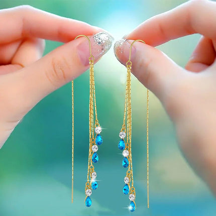 Luxury Temperament Green Zircon Drop Earrings For Women Korean Fashion Long Tassel Rhinestone Earring Wedding Party Jewelry PlatiNum