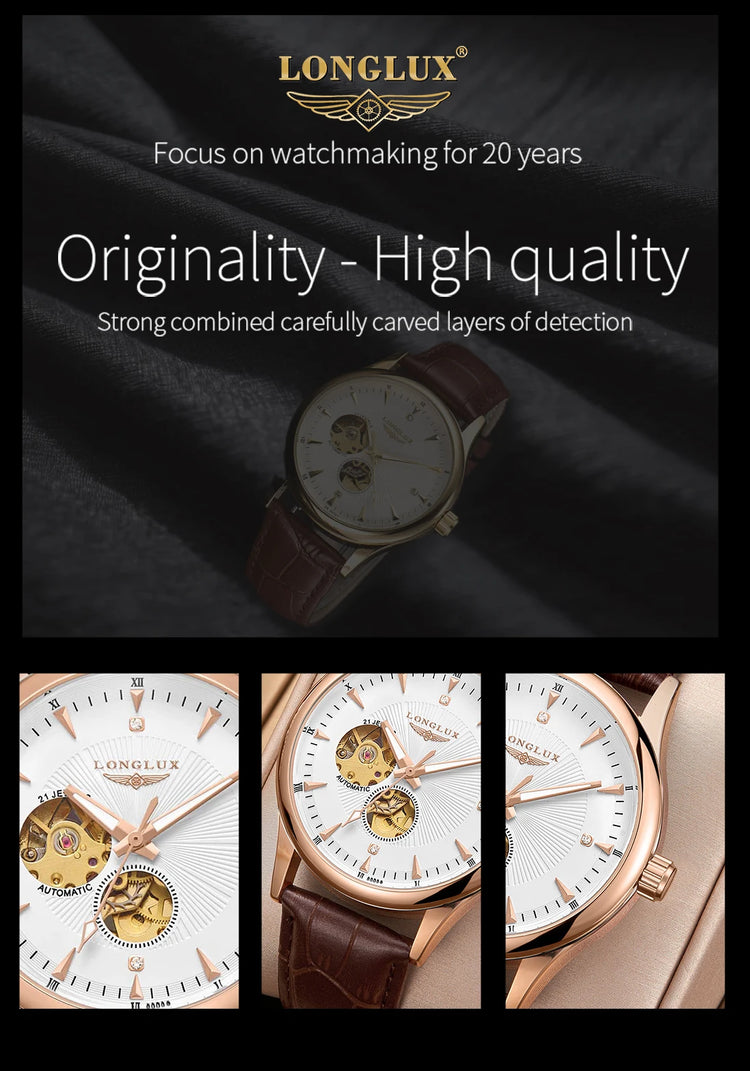 LONGLUX Automatic Watch Elegant Style Wholesale Mechanical Wristwatches Skeleton Rome Waterproof Mens Watch Men Gift