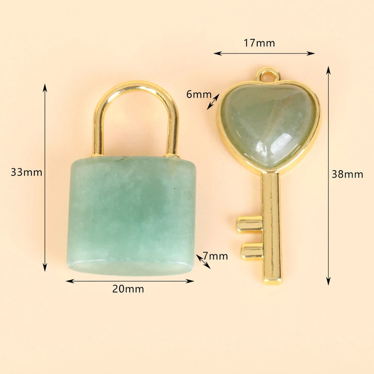 1 Set Natural Crystal Couple Lock Necklace Pendant Set Heart Shaped Key Piece Pink Crystal Amethyst Tiger Eye Stone Lock PlatiNum