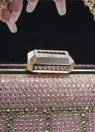 Popular In Nigeria Exquisite Evening Bags With Diamond Design Fashion Handle Clutch Rhinestone Embellished Long Chain Bag PlatiNum