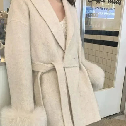Korean Fashion Women Spring Thin Faux Fur Loose Coat Belt Vintage Jackets Clothes Casual Streetwear Korean Fashion Overcoats