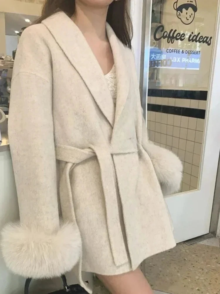 Korean Fashion Women Spring Thin Faux Fur Loose Coat Belt Vintage Jackets Clothes Casual Streetwear Korean Fashion Overcoats