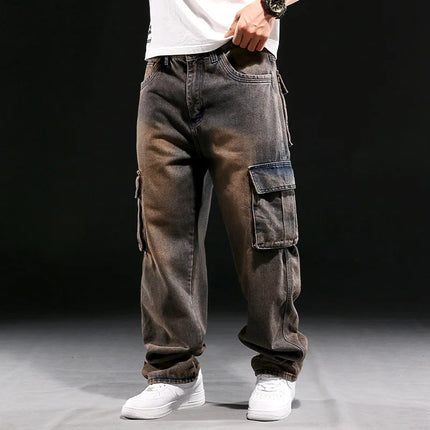 Wide Leg Pant Distressed Cargo Jean Men Jeans Washed Denim Patchwork Solid Full Length Pants Loose Pockets High Street 2025 PlatiNum