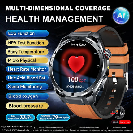 Nuovo Smartwatch 2026 con Analisi AI del Grasso Corporeo, ECG+PPG, Acido Urico, Pressione Sanguigna, Ossigeno nel Sangue, Chiamate, Schermo AMOLED per Uomini e Donne platinumshop