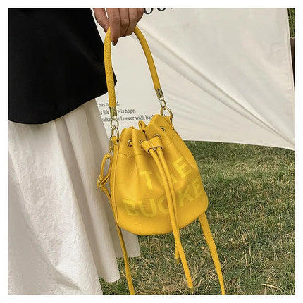 Spring New Fashion Letter PU Leather Bucket Bag Women Simple City Style Shoulder Handbag Trendy Crossbody Satchel Handbag PlatiNum