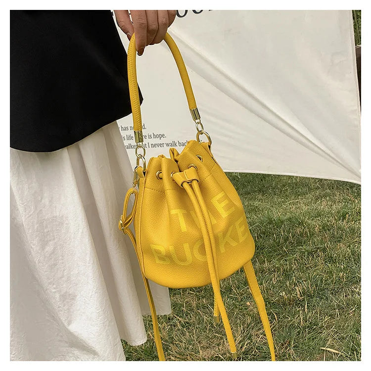 Spring New Fashion Letter PU Leather Bucket Bag Women Simple City Style Shoulder Handbag Trendy Crossbody Satchel Handbag PlatiNum