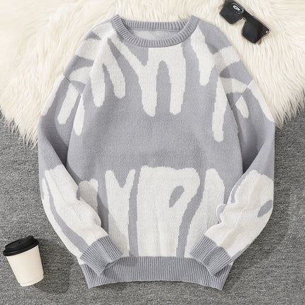 New Popular Autumn Winter Irregular Jacquard Pattern Pullover Sweater Casual Round Neck Contrast Color Knitted Men's Pullover